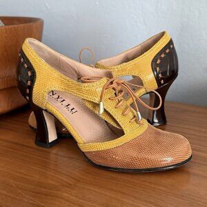 ANYI LU Lace Up Leather Spectator Oxford Pumps Yellow Tan Black